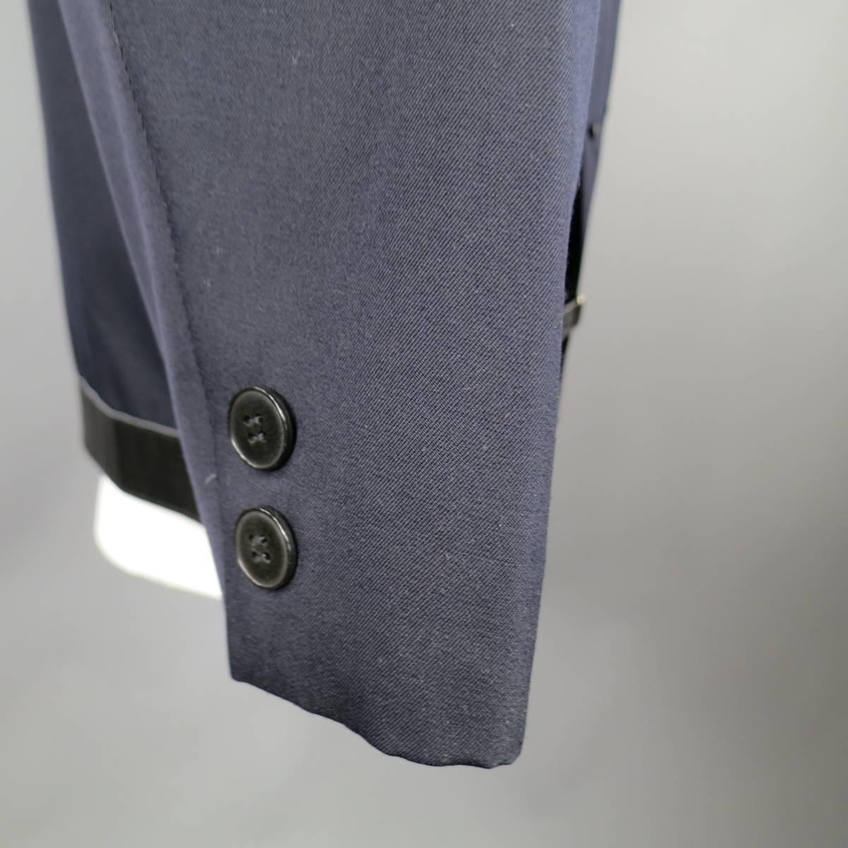 YOHJI YAMAMOTO 40 Navy Wool Asymmetrical Black Leather Details Jacket 1