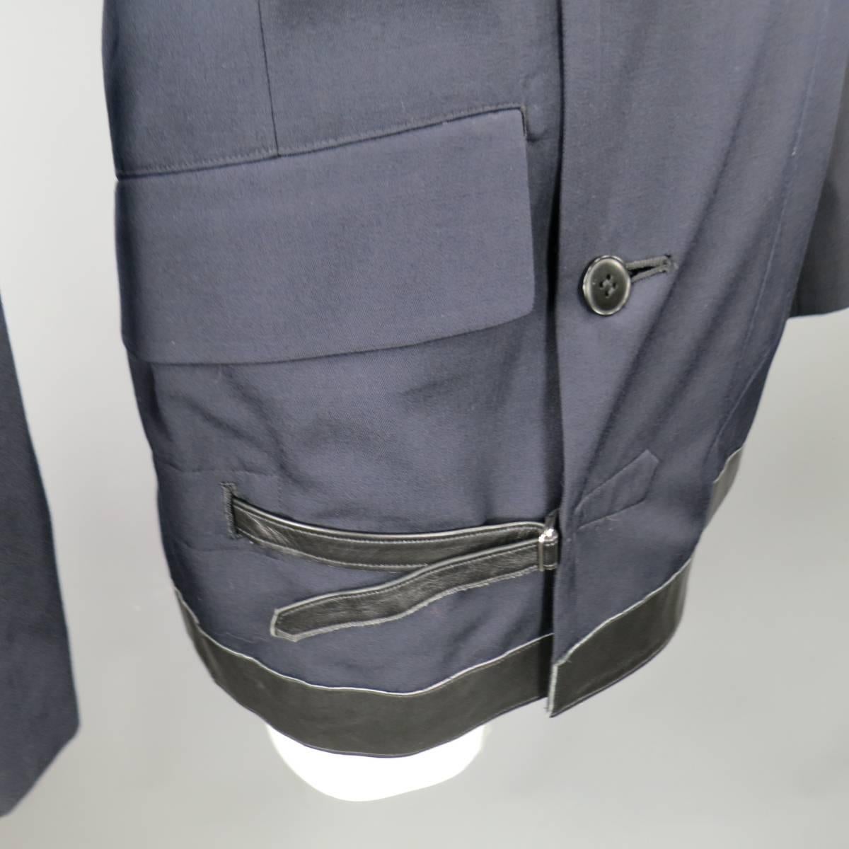 YOHJI YAMAMOTO 40 Navy Wool Asymmetrical Black Leather Details Jacket 2