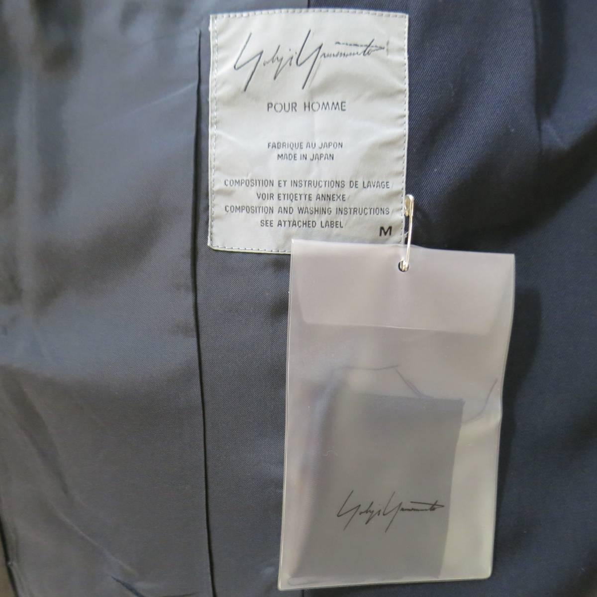YOHJI YAMAMOTO 40 Navy Wool Asymmetrical Black Leather Details Jacket 5