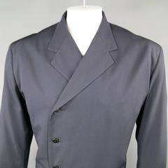 YOHJI YAMAMOTO 40 Navy Wool Asymmetrical Black Leather Details Jacket