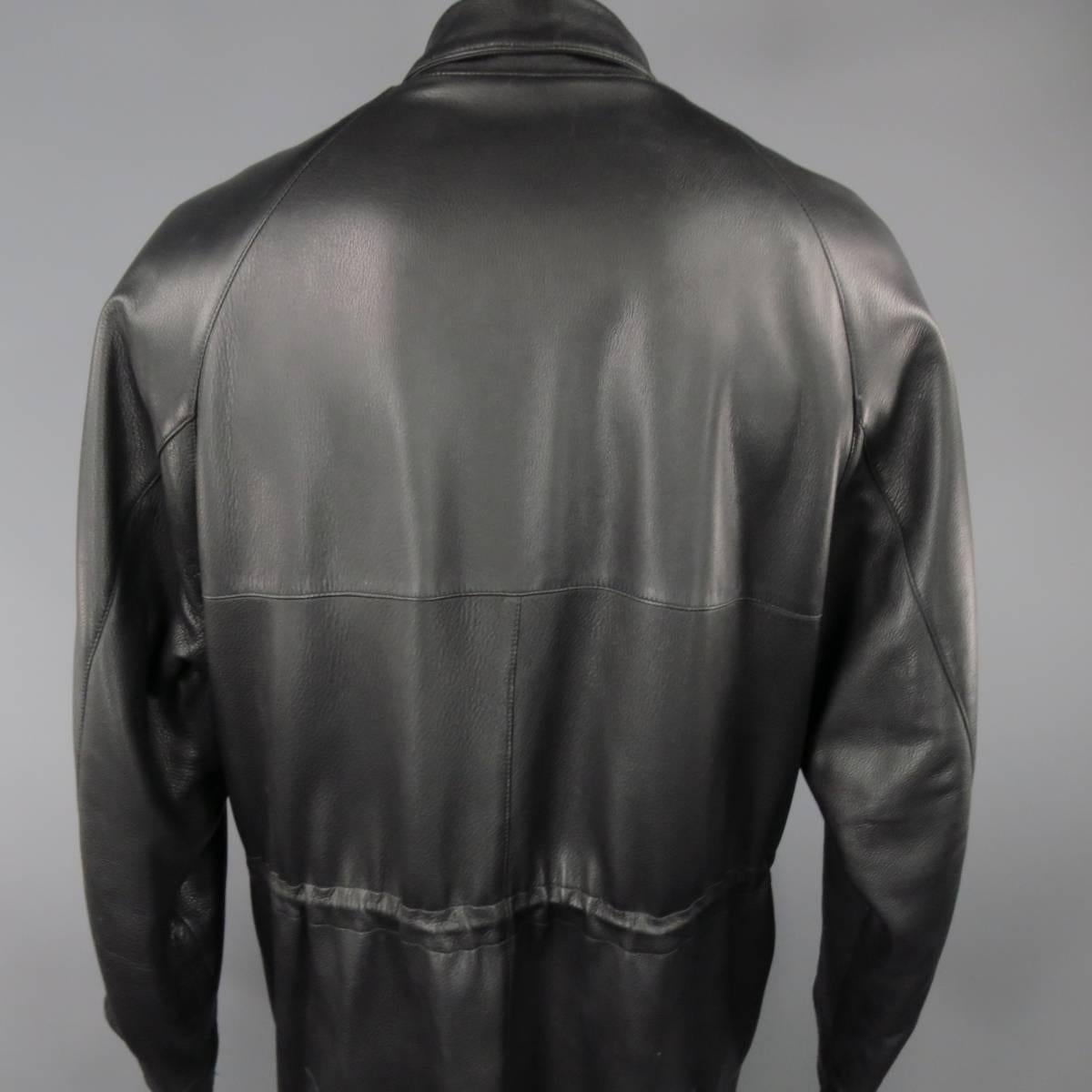 LORO PIANA Jacket 44 Black Leather Waist Cashmere Lining 'Horsey' Coat In Excellent Condition In San Francisco, CA