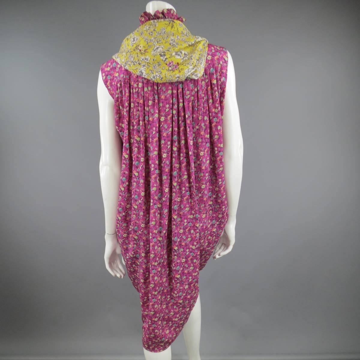Pink Vintage EMANUEL UNGARO Size 8 Fuchsia Floral Silk Yellow Sash Ruffle Shirt Dress