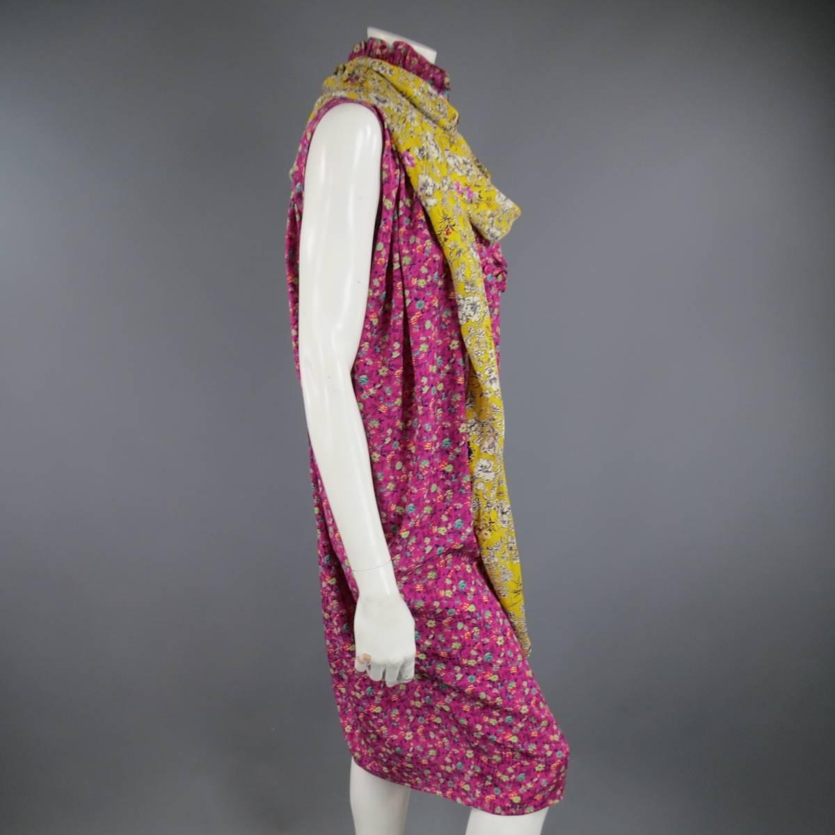 Women's Vintage EMANUEL UNGARO Size 8 Fuchsia Floral Silk Yellow Sash Ruffle Shirt Dress