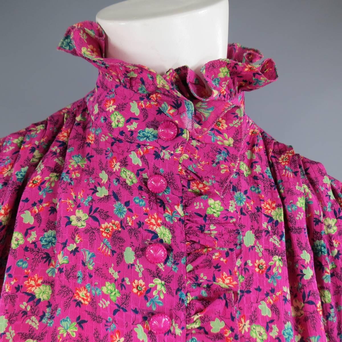 Vintage EMANUEL UNGARO Size 8 Fuchsia Floral Silk Yellow Sash Ruffle Shirt Dress 1