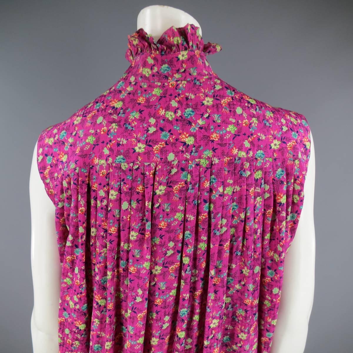 Vintage EMANUEL UNGARO Size 8 Fuchsia Floral Silk Yellow Sash Ruffle Shirt Dress 2