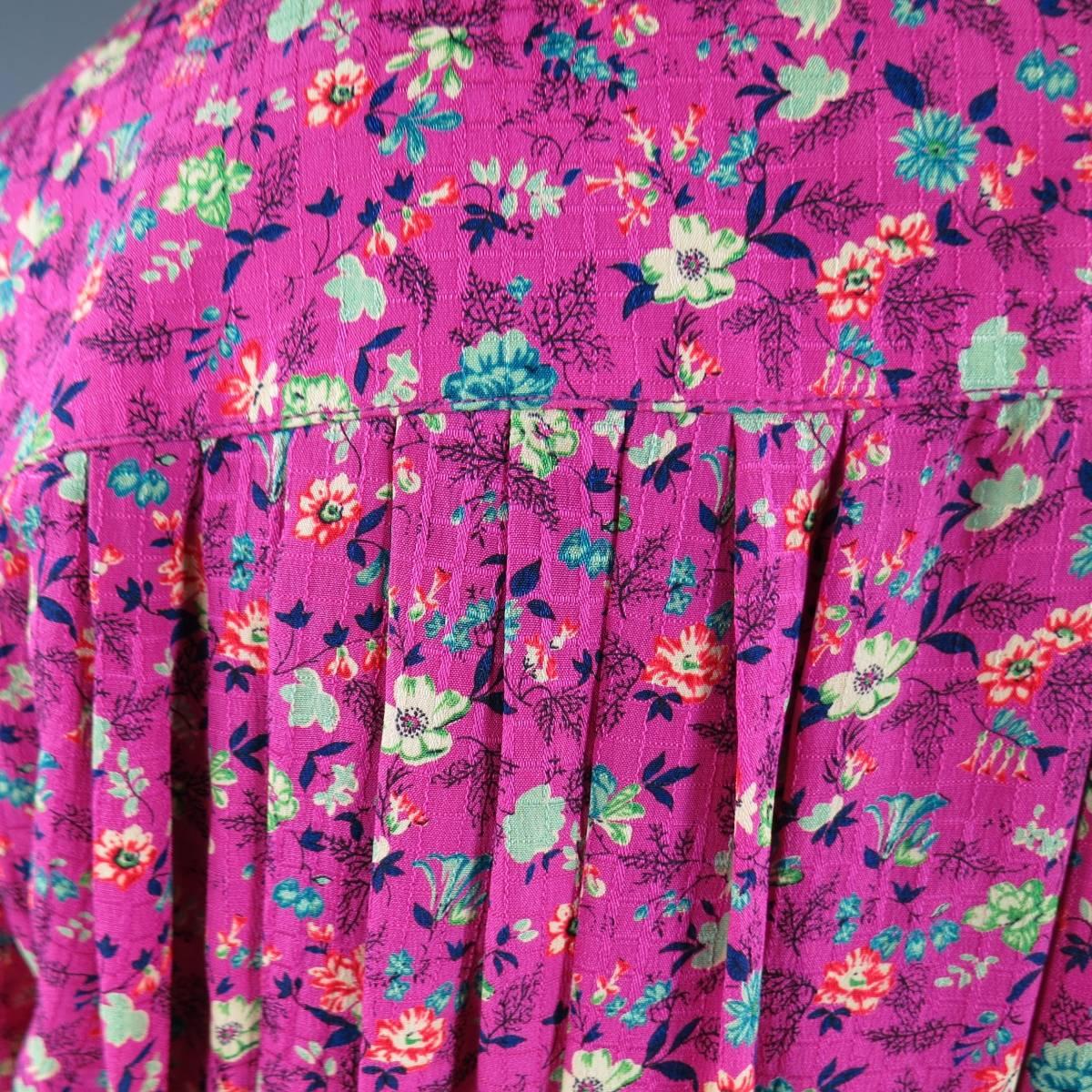 Vintage EMANUEL UNGARO Size 8 Fuchsia Floral Silk Yellow Sash Ruffle Shirt Dress 4