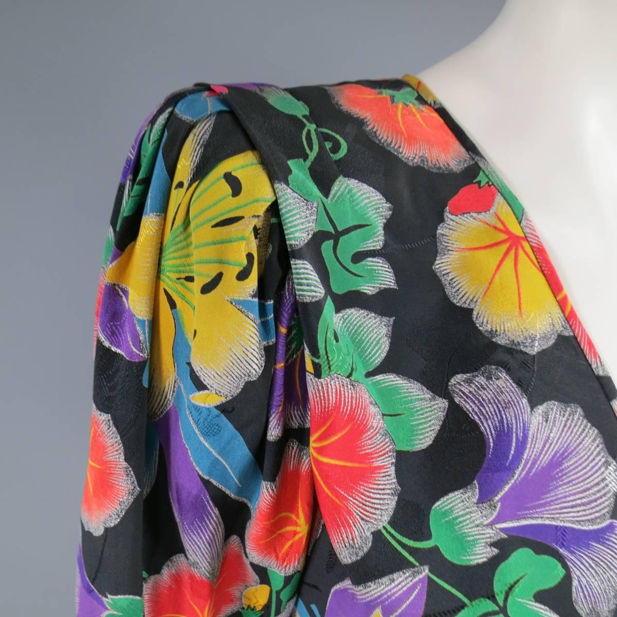 Women's Vinatge EMANUEL UNGARO Size 6 Multi-Color Floral Silk Ruched 3/4 Sleeve Dress