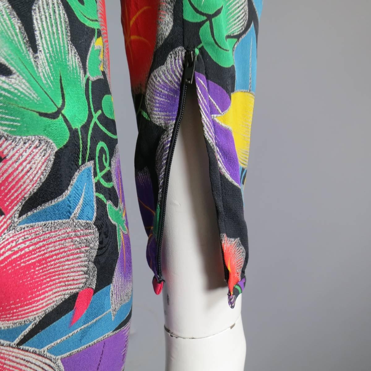 Vinatge EMANUEL UNGARO Size 6 Multi-Color Floral Silk Ruched 3/4 Sleeve Dress 2