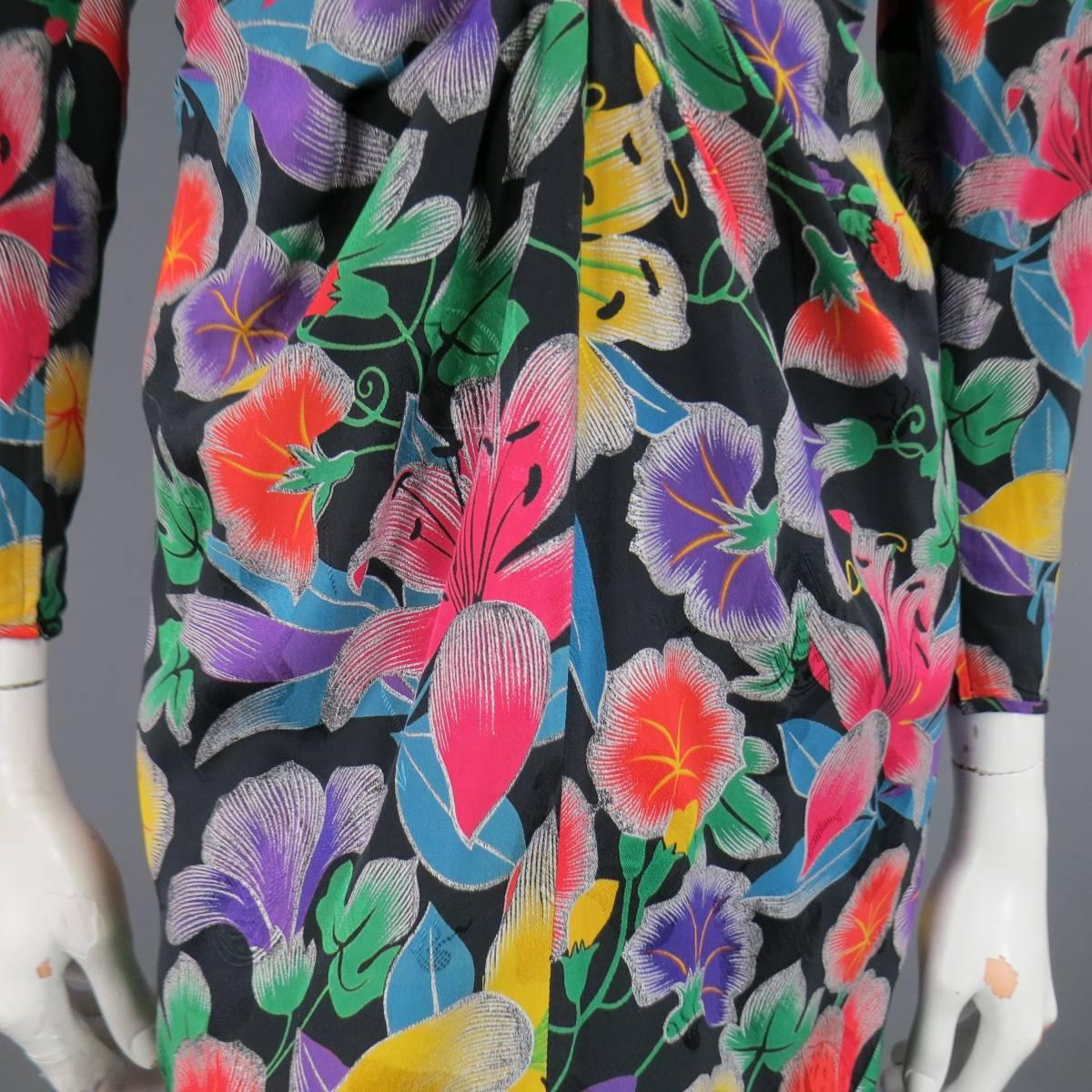 Vinatge EMANUEL UNGARO Size 6 Multi-Color Floral Silk Ruched 3/4 Sleeve Dress 3