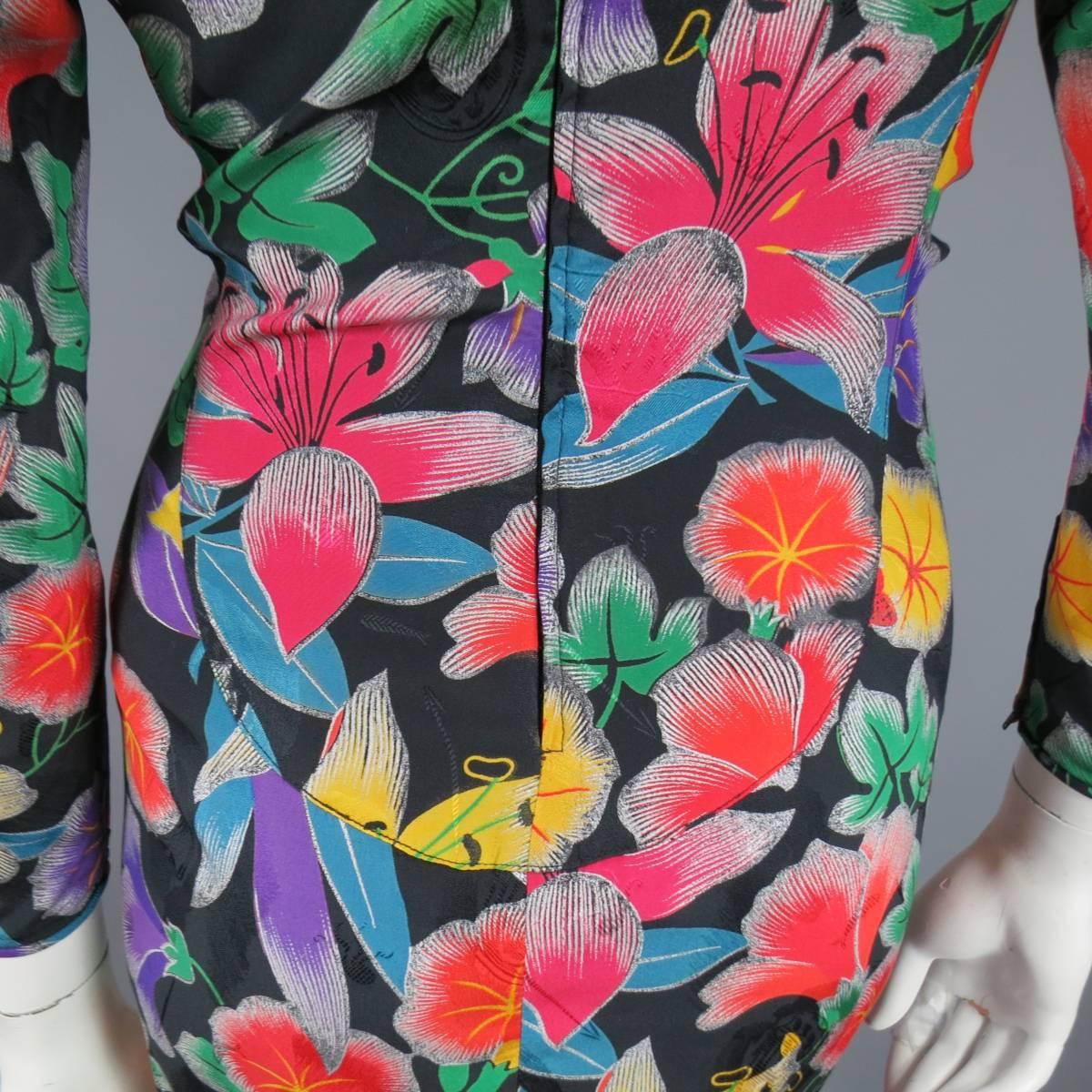 Vinatge EMANUEL UNGARO Size 6 Multi-Color Floral Silk Ruched 3/4 Sleeve Dress 4