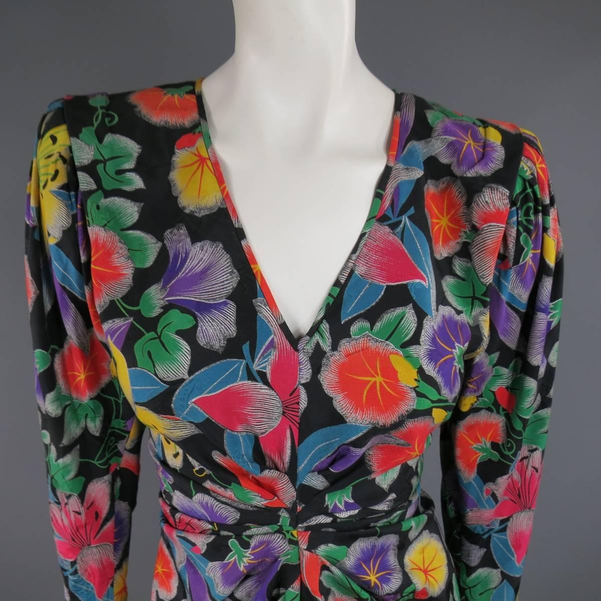 Vinatge EMANUEL UNGARO Size 6 Multi-Color Floral Silk Ruched 3/4 Sleeve Dress 1