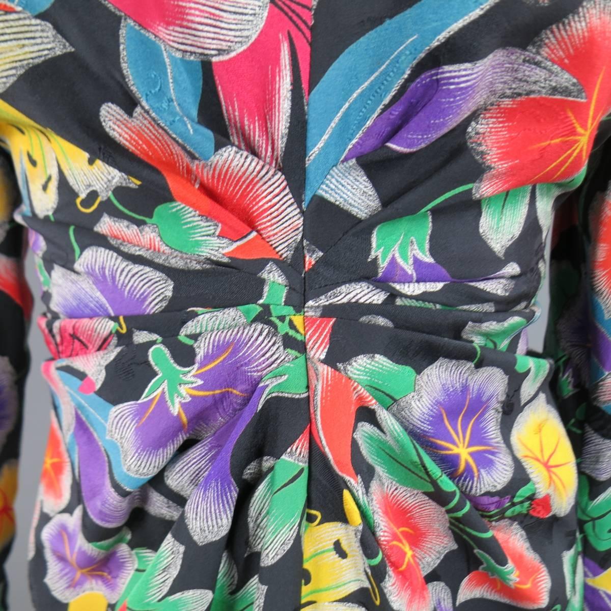 Vinatge EMANUEL UNGARO Size 6 Multi-Color Floral Silk Ruched 3/4 Sleeve Dress 5