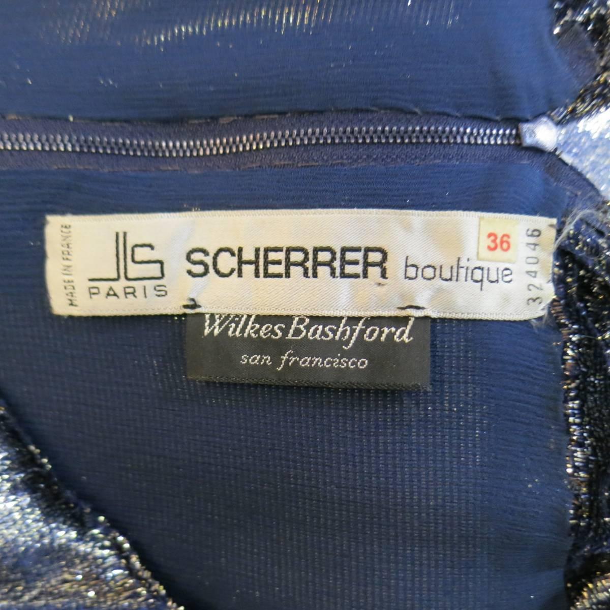 JEAN-LOUIS SCHERRER 2 Silver & Navy Metallic Velvet Long Sleeve Sheath Dress In Excellent Condition In San Francisco, CA