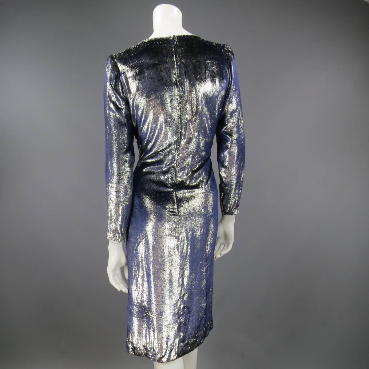JEAN-LOUIS SCHERRER 2 Silver & Navy Metallic Velvet Long Sleeve Sheath Dress 1
