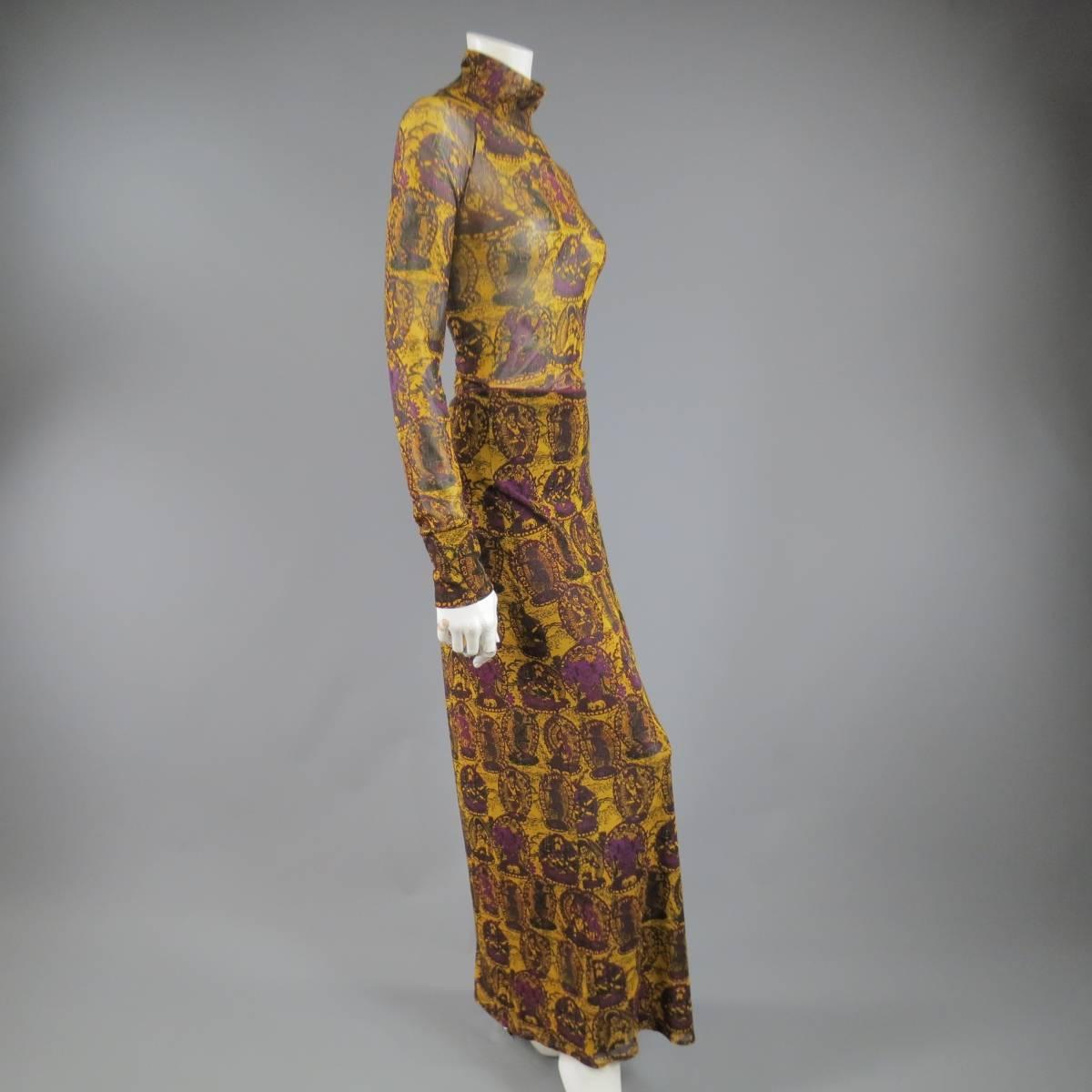 This fabulous VIVIENNE TAM skirt set includes a turtle neck and full length maxi skirt in a gorgeous all over purple and mustard Buddhist print stretch micro mesh.
 
Very Good Pre-Owned Condition.
Marked: 3
 
Measurements:
 
Top:
Shoulder:16