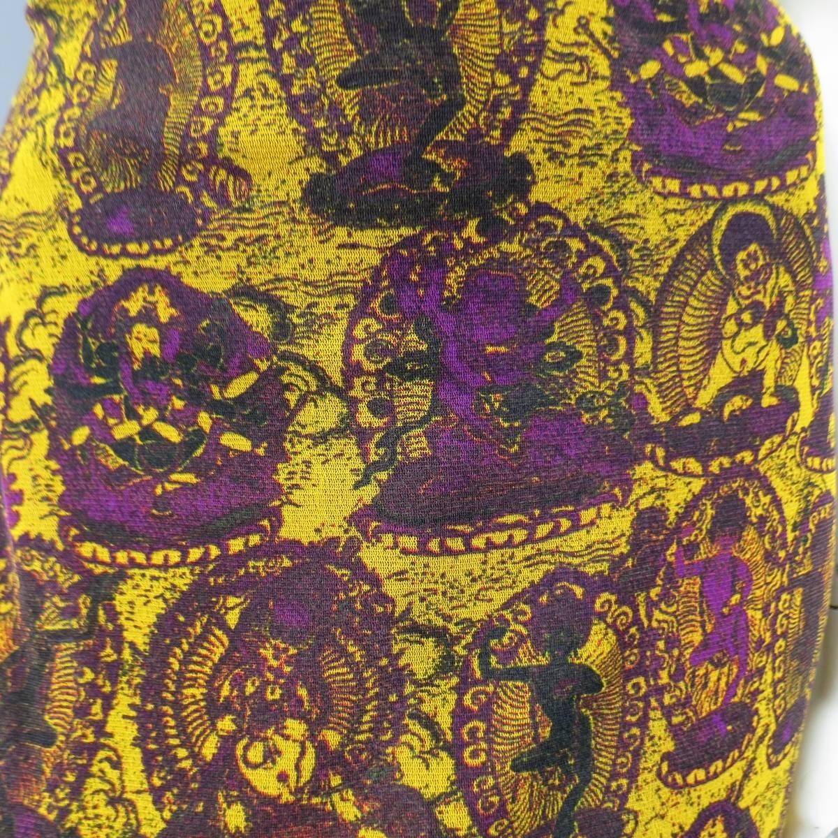 VIVIENNE TAM L Mustard & Purple Buddhist Print Mesh Turtleneck Maxi Skirt Set In Excellent Condition In San Francisco, CA