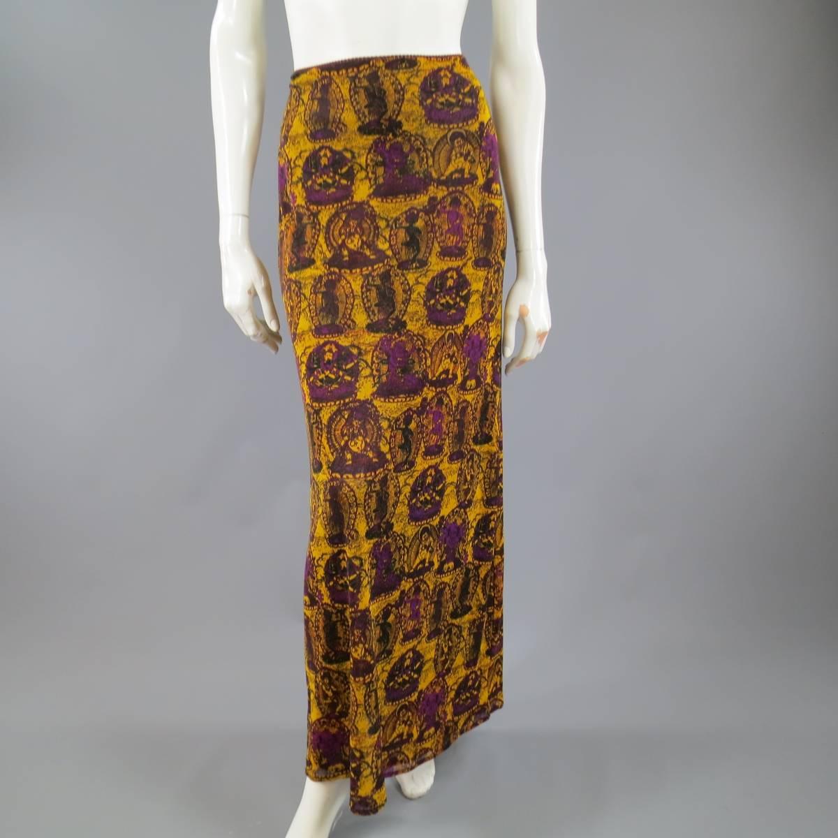 Women's VIVIENNE TAM L Mustard & Purple Buddhist Print Mesh Turtleneck Maxi Skirt Set