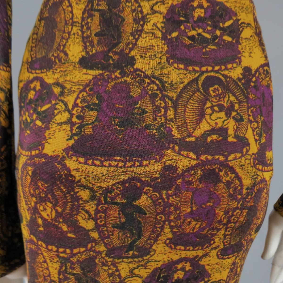 VIVIENNE TAM L Mustard & Purple Buddhist Print Mesh Turtleneck Maxi Skirt Set 1