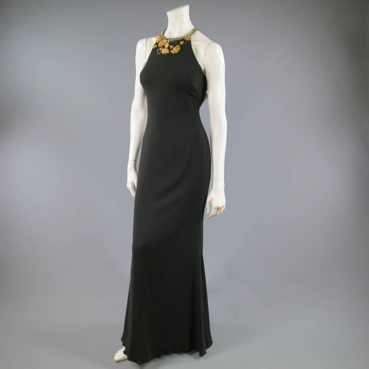 Women's BADGLEY MISCHKA Size 2 Black & Gold Floral Beaded Sleeveless Gown