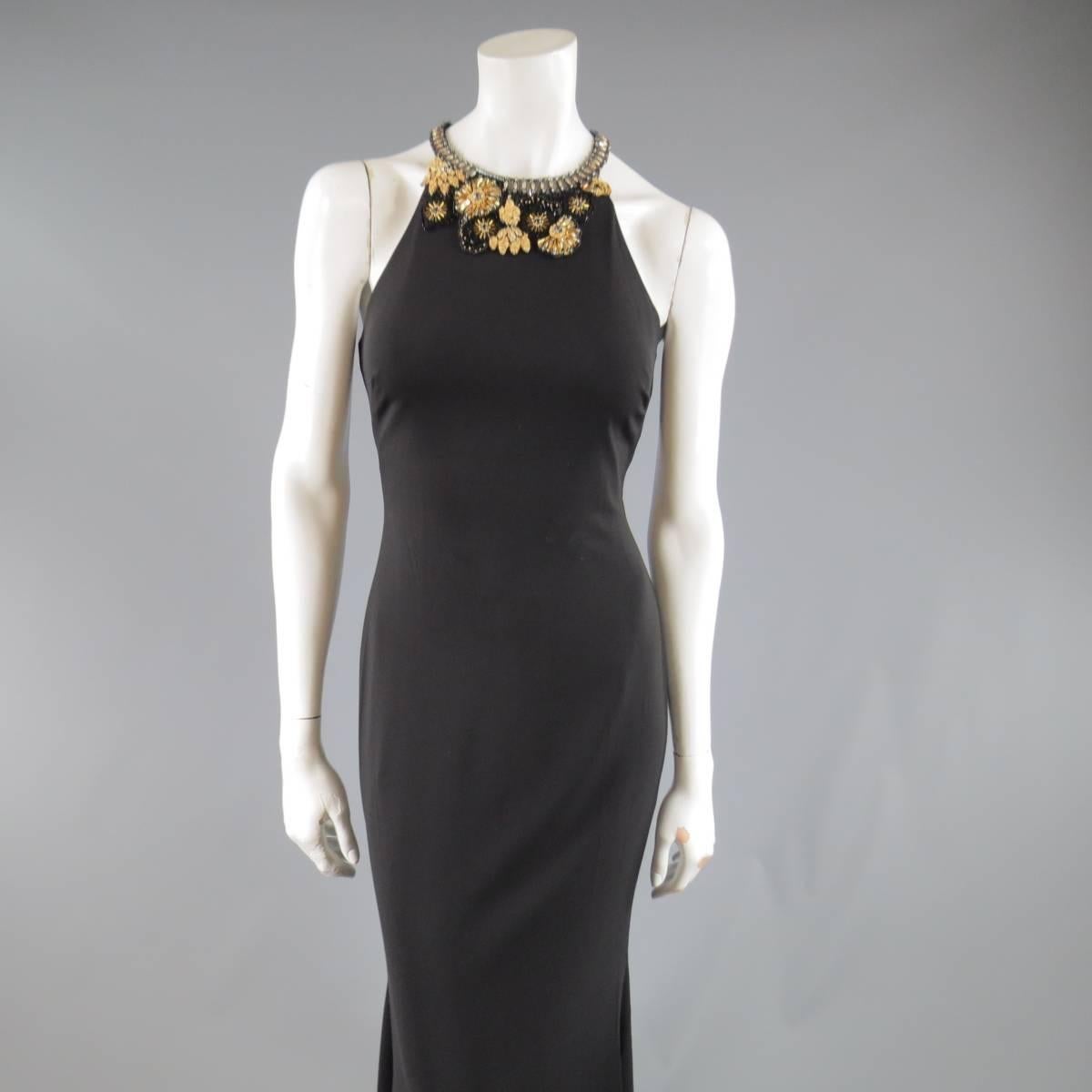 BADGLEY MISCHKA Size 2 Black & Gold Floral Beaded Sleeveless Gown 1