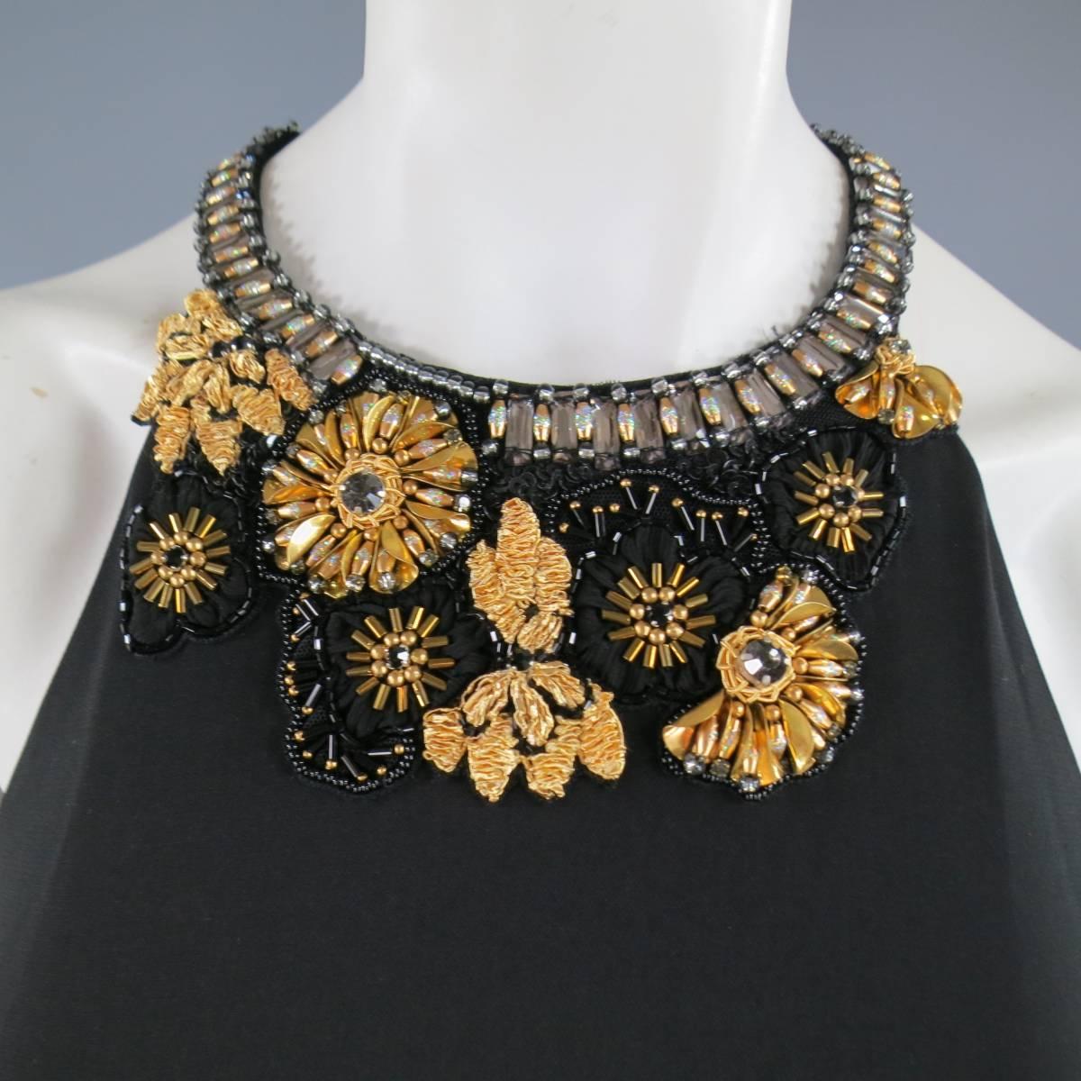 BADGLEY MISCHKA Size 2 Black & Gold Floral Beaded Sleeveless Gown In New Condition In San Francisco, CA