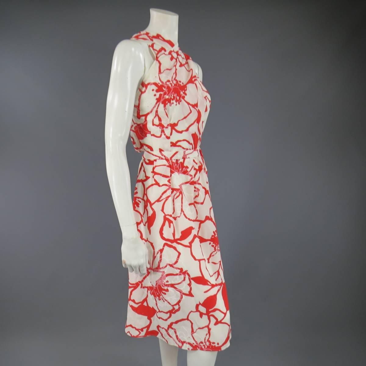 Beige NINA RICCI Size 10 White / Red Floral Print Silk Open Back Dress