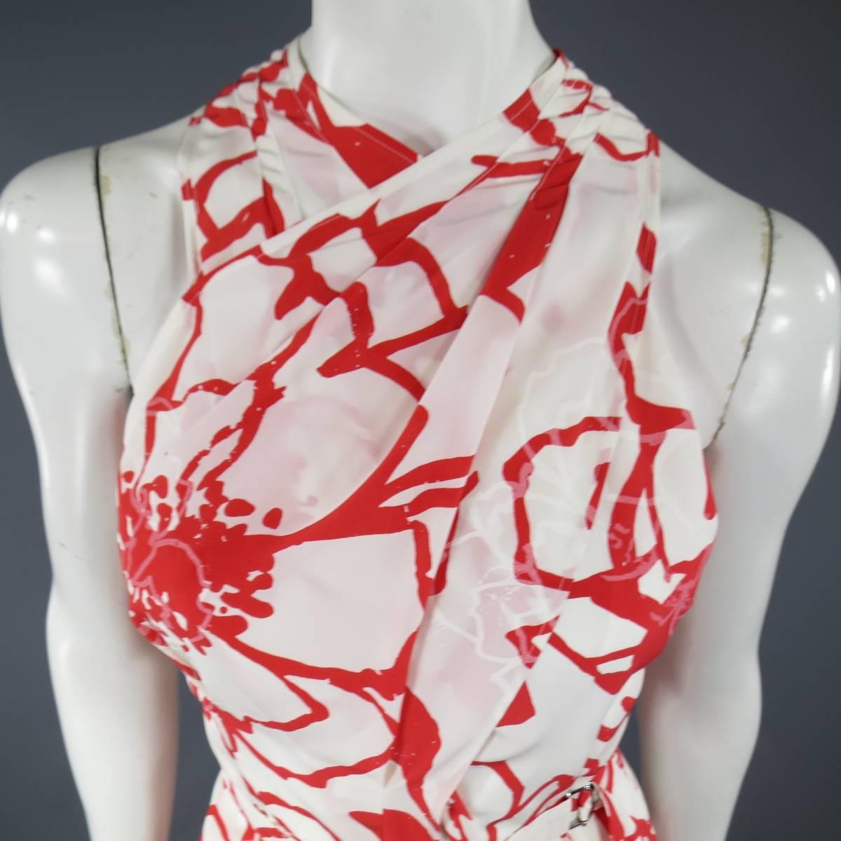 NINA RICCI Size 10 White / Red Floral Print Silk Open Back Dress 1