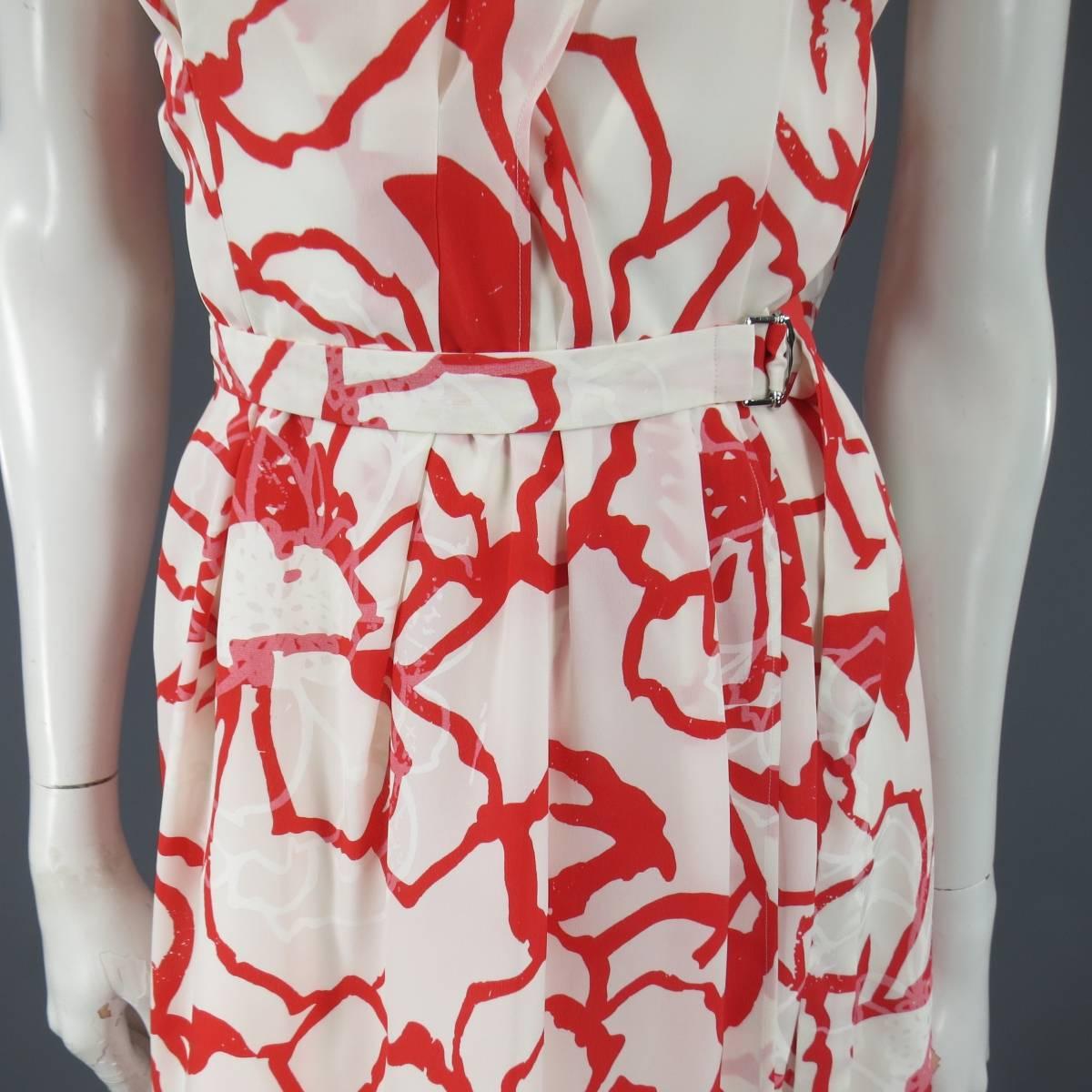 NINA RICCI Size 10 White / Red Floral Print Silk Open Back Dress 2