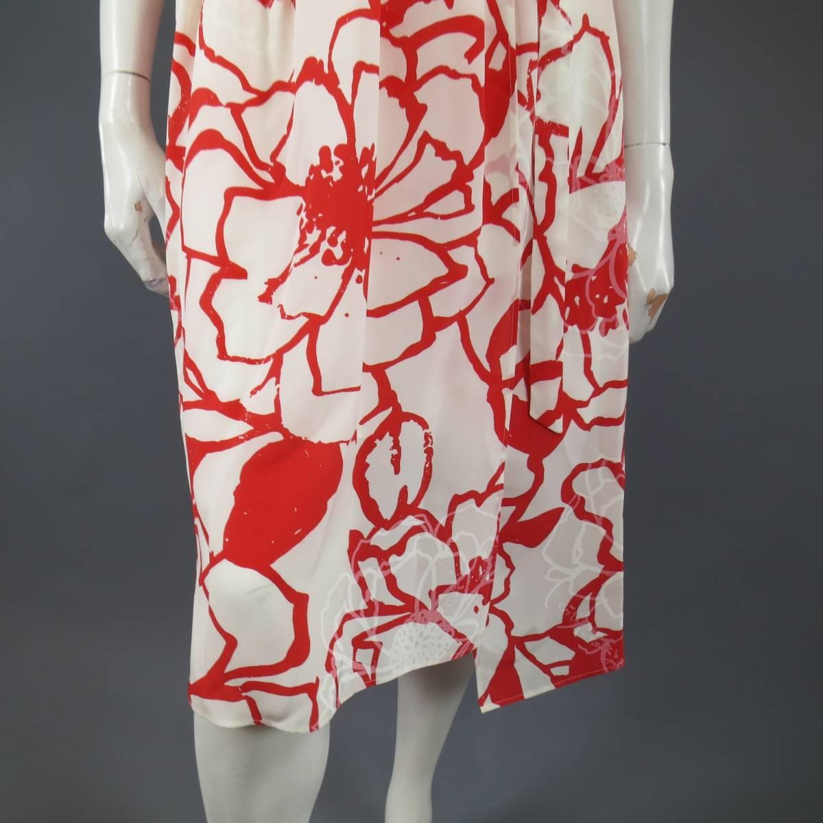 NINA RICCI Size 10 White / Red Floral Print Silk Open Back Dress 3