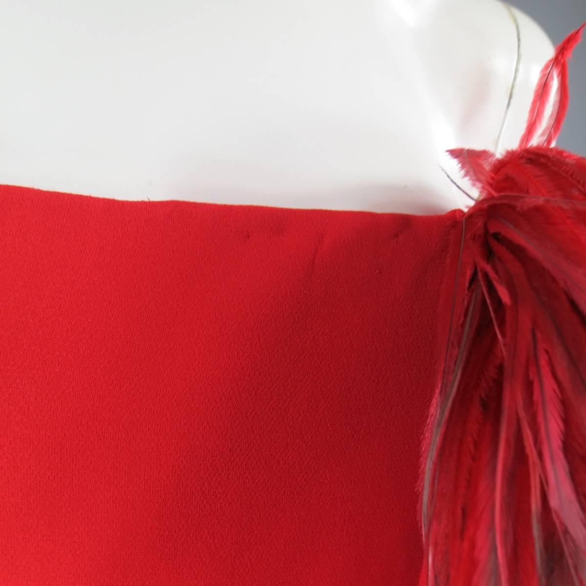 VALENTINO Size 6 Red Silk Strapless Feather Applique Wrap Dress In Excellent Condition In San Francisco, CA