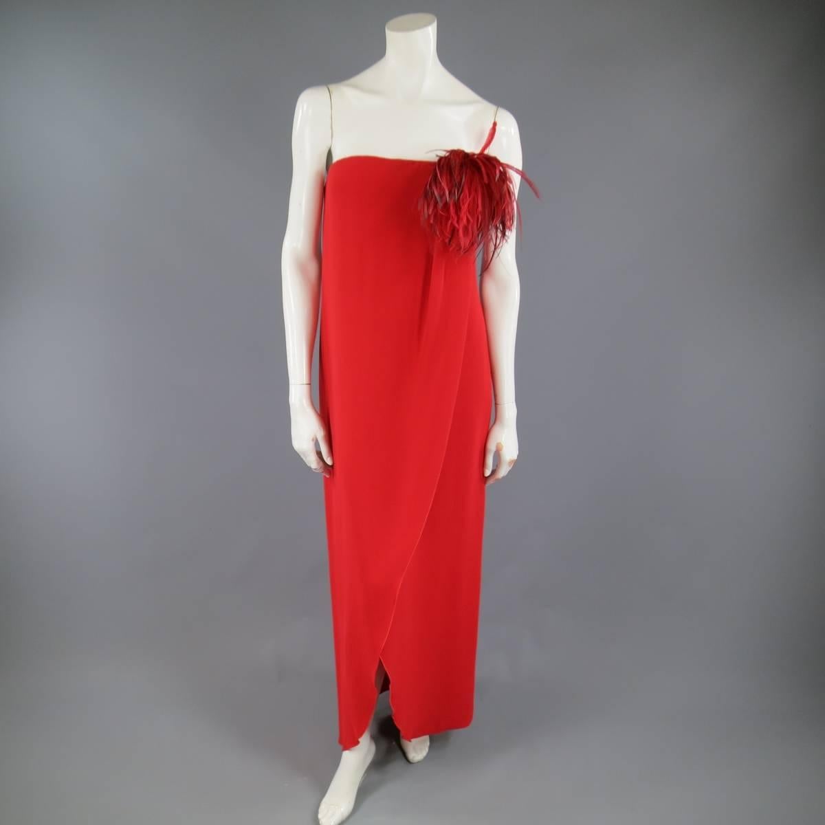 VALENTINO Size 6 Red Silk Strapless Feather Applique Wrap Dress 4