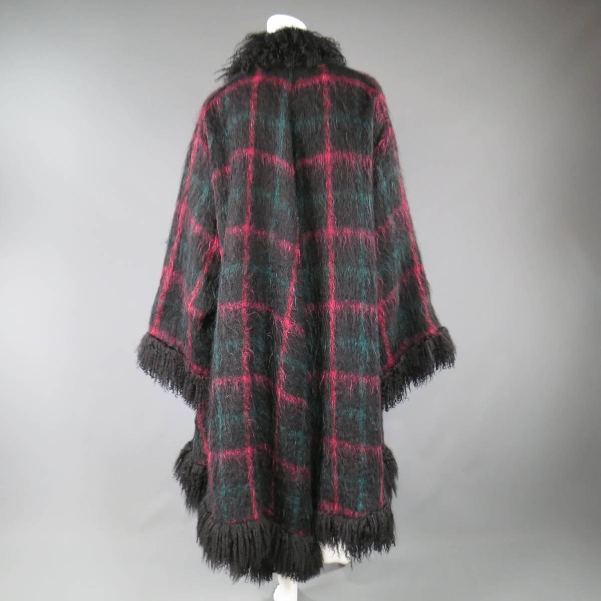 Women's JEAN-LOUIS SCHERRER Size XL Black Pink & Teal Plaid Fur Trim Cardigan Coat