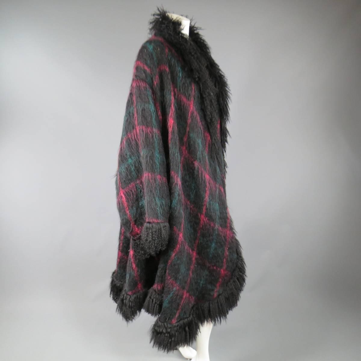 JEAN-LOUIS SCHERRER Size XL Black Pink & Teal Plaid Fur Trim Cardigan Coat 2