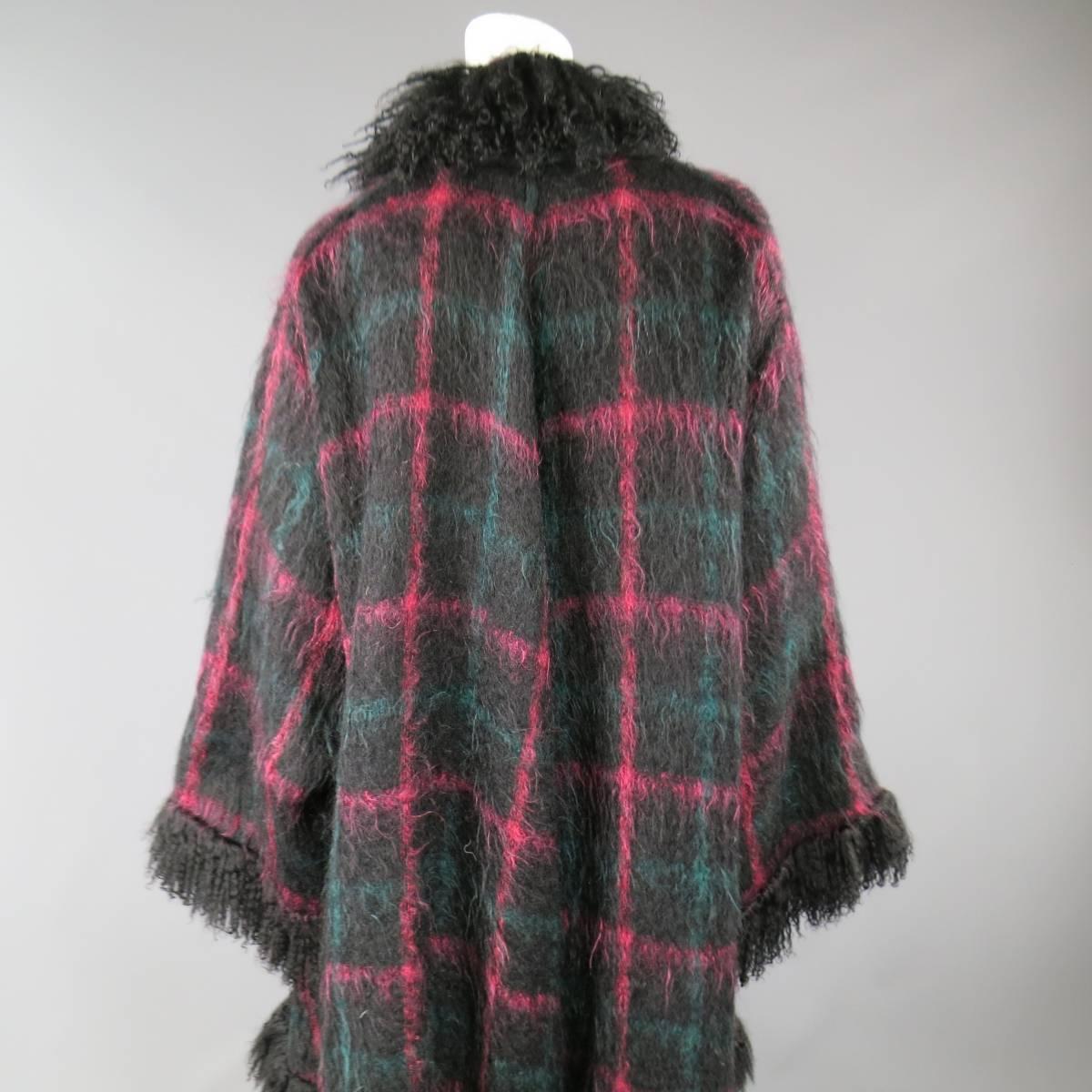 JEAN-LOUIS SCHERRER Size XL Black Pink & Teal Plaid Fur Trim Cardigan Coat 1