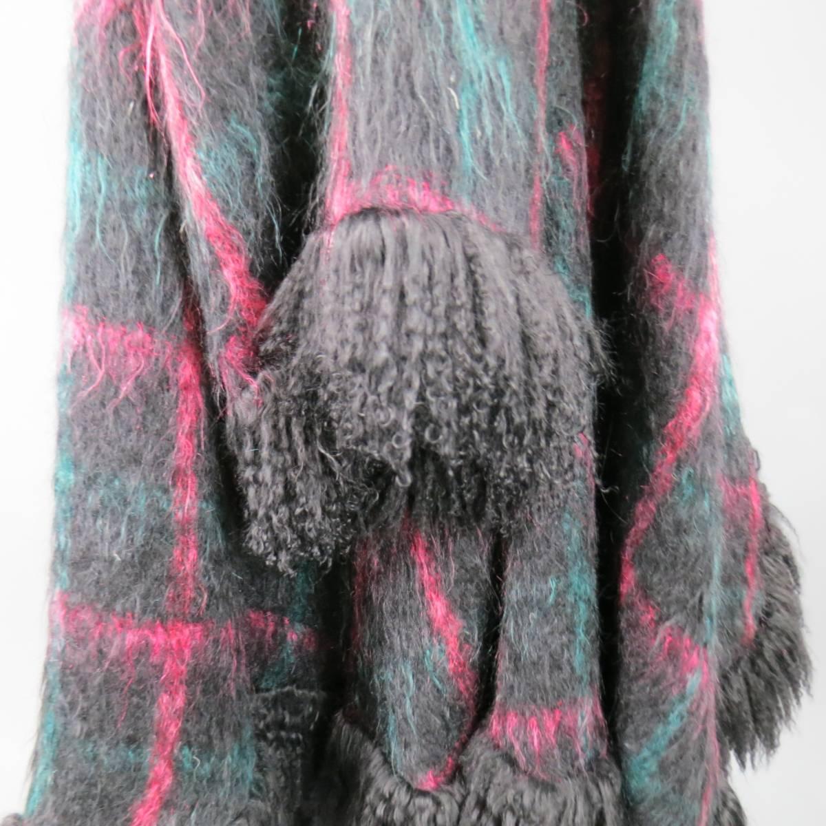 JEAN-LOUIS SCHERRER Size XL Black Pink & Teal Plaid Fur Trim Cardigan Coat 5