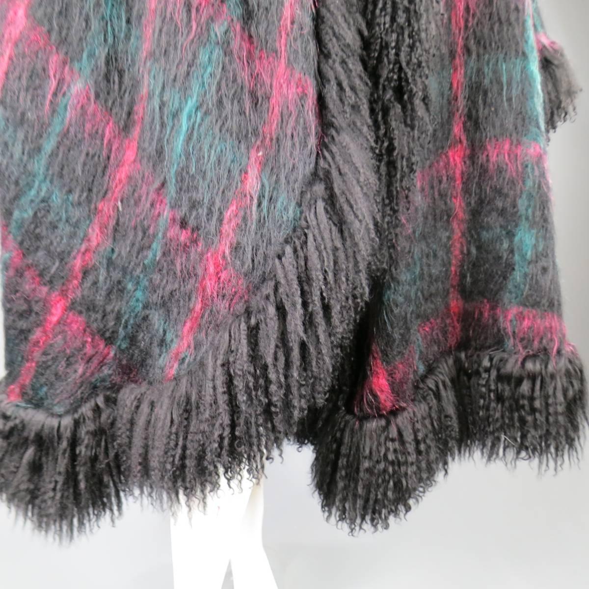 JEAN-LOUIS SCHERRER Size XL Black Pink & Teal Plaid Fur Trim Cardigan Coat 4