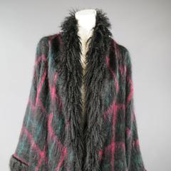 JEAN-LOUIS SCHERRER Size XL Black Pink & Teal Plaid Fur Trim Cardigan Coat