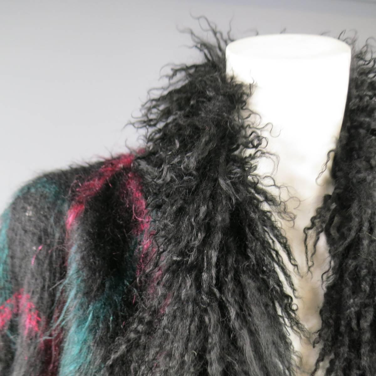JEAN-LOUIS SCHERRER Size XL Black Pink & Teal Plaid Fur Trim Cardigan Coat In Good Condition In San Francisco, CA