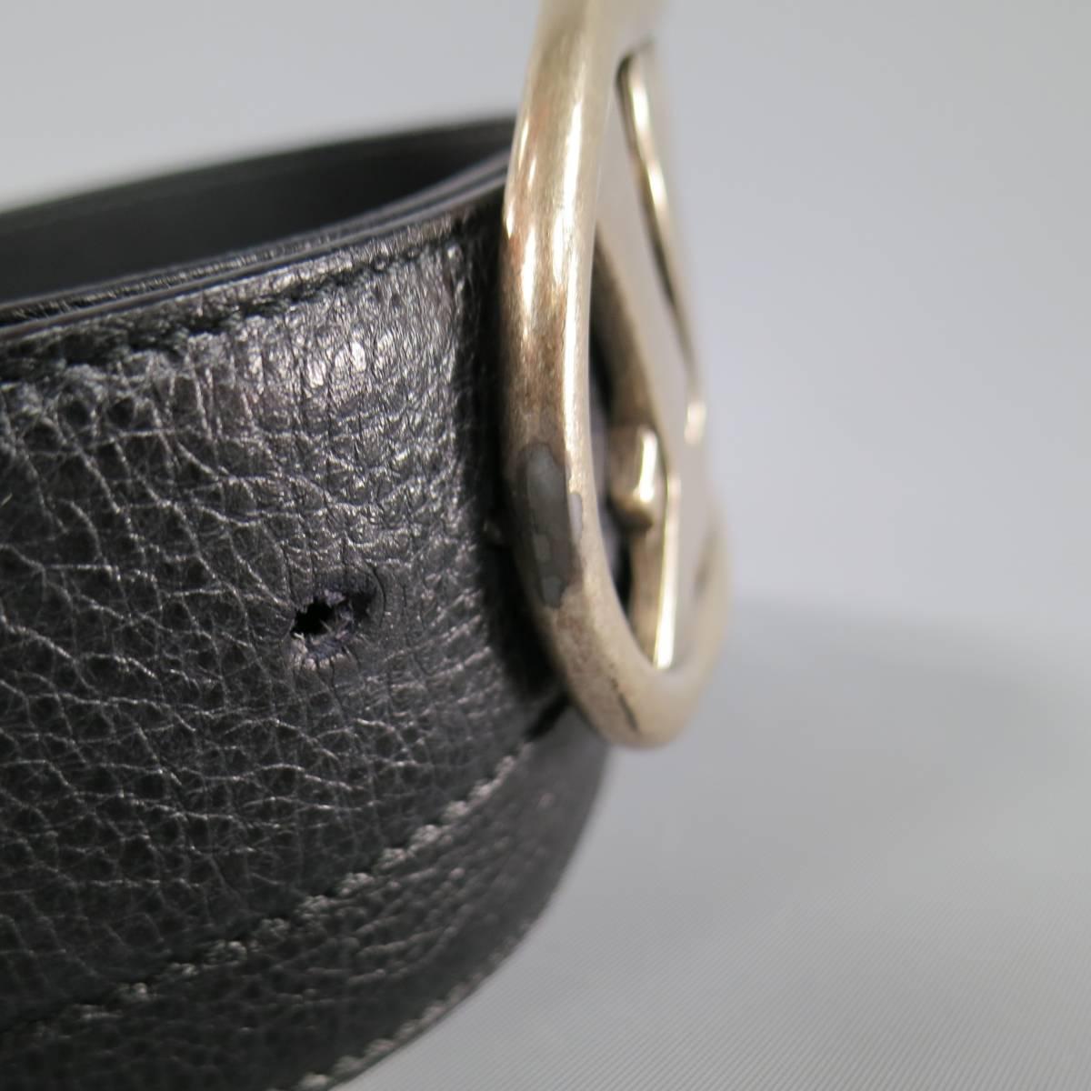 YVES SAINT LAURENT 34 Black Leather Oversized Silver Tone YSL Logo Buckle Belt In Good Condition In San Francisco, CA