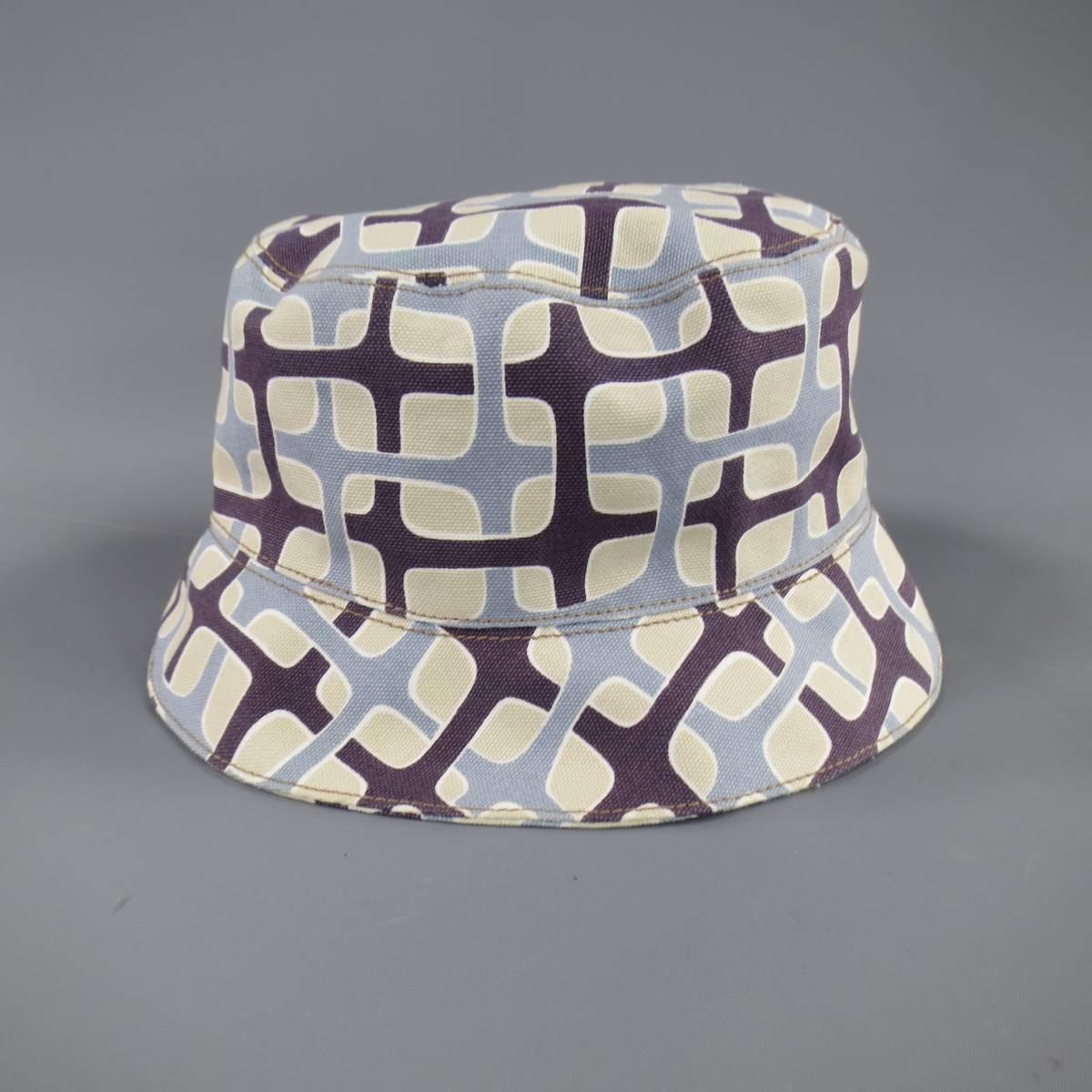 Men's PRADA Size L Light Blue Khaki & Brown Mod Print Canvas Bucket Hat