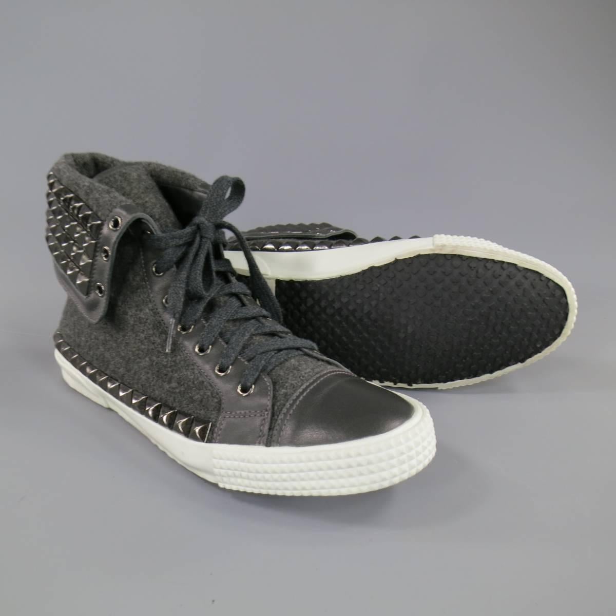 Jimmy Choo Spencer Charcoal Wool Studded Flap High Top Men's Sneaker, Size 12  1