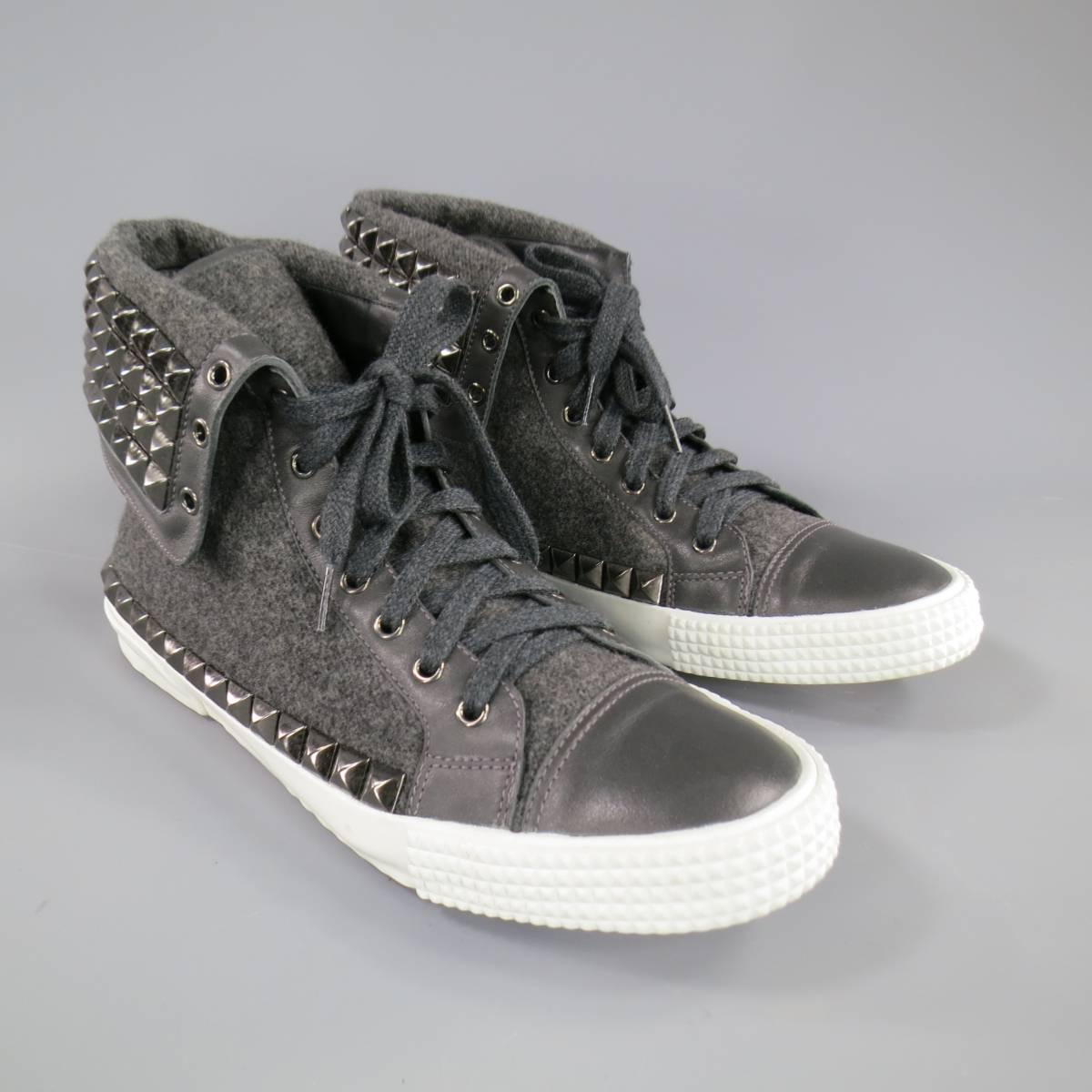 Jimmy Choo Spencer Charcoal Wool Studded Flap High Top Men's Sneaker, Size 12  3