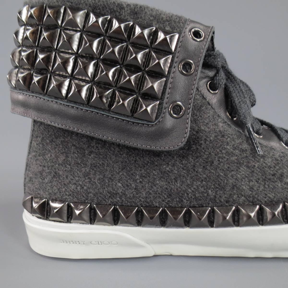 Jimmy Choo Spencer Charcoal Wool Studded Flap High Top Men's Sneaker, Size 12  4