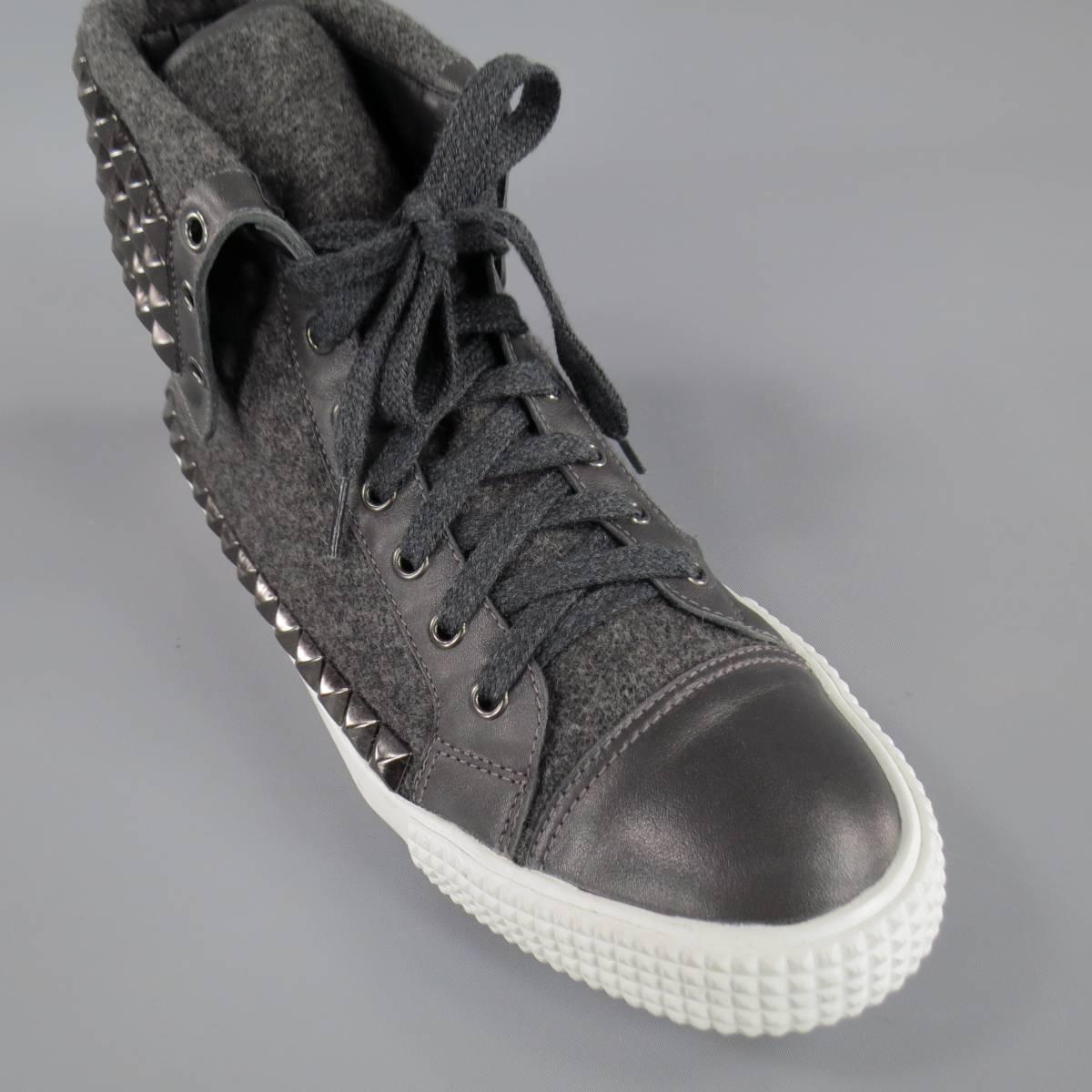 Jimmy Choo Spencer Charcoal Wool Studded Flap High Top Men's Sneaker, Size 12  5