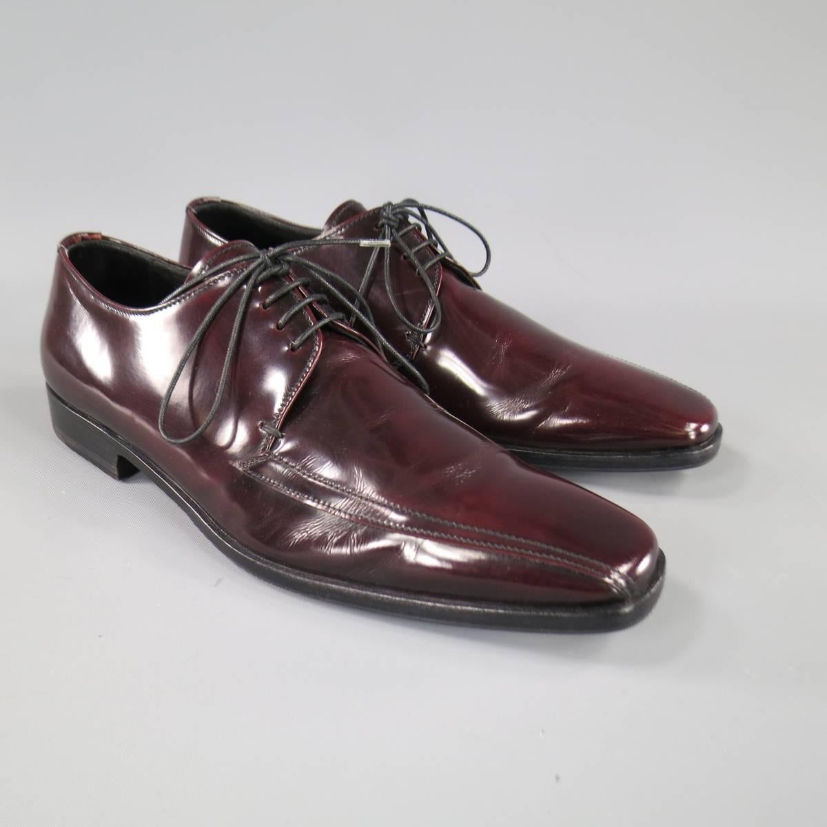 Men's PRADA Size 8 Burgundy Patent Leather Pointed Square Toe Lace Up