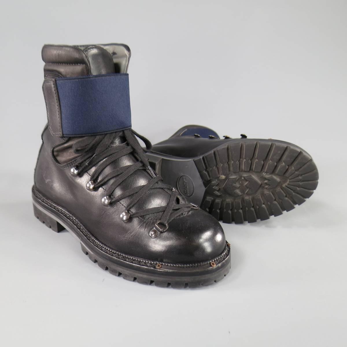 Men's LANVIN Size 8 Black Leather Navy Strap Tall Mountain Boots