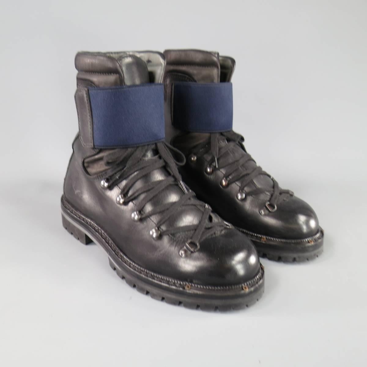 LANVIN Size 8 Black Leather Navy Strap Tall Mountain Boots 1