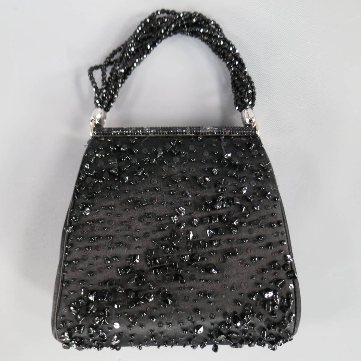 Vintage JUDITH LEIBER Black Beaded Satin Evening Handbag 1