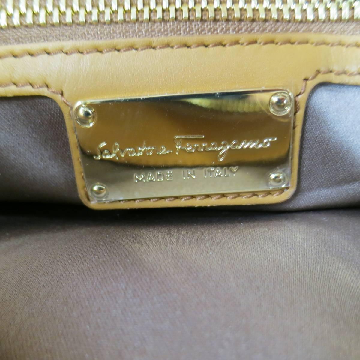 SALVATORE FERRAGAMO Beige Canvas Brown Leather FIAMMA North South Handbag 6