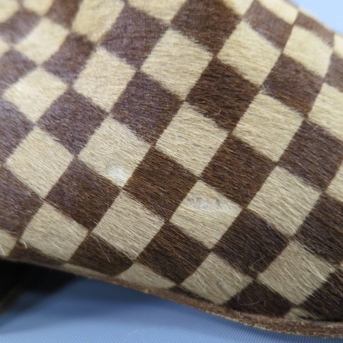 LOUIS VUITTON Size 7 Beige & Brown Checkered Pony Hair Ankle Boots In Good Condition In San Francisco, CA